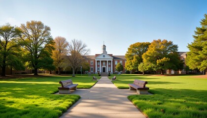 Tranquil campus quad with benches and trees, serene afternoon