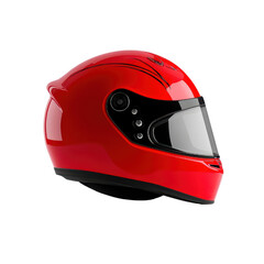 Red helmet positioned on a solid black background highlighting its design and color contrast.