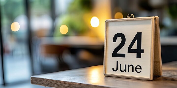 White wooden calendar displaying black numbers 24 June on a blurred brown wooden desk against a white background with space for text