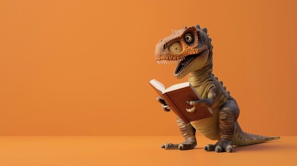 Fototapeta na wymiar A cartoon dinosaur reading a book against an orange background.