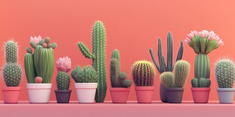 Colorful display of various cacti in pastel pots against a soft coral background showcasing green spiky plants with pink flowers inviting text space.