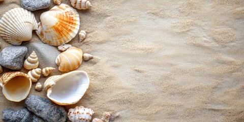Seashells and smooth stones scattered on light golden sand with ample empty space on the right for text or design elements in a natural setting