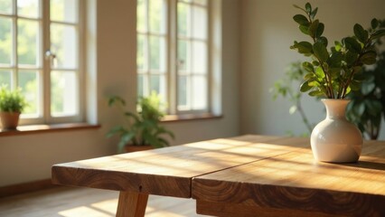 Sunlight illuminating a rustic wooden table with a simple vase of greenery