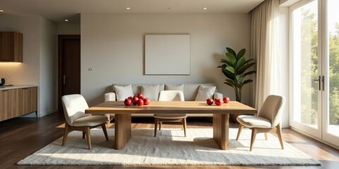 Modern minimalist living room design featuring a light beige sofa, wooden dining table with red fruit, and natural light from large windows