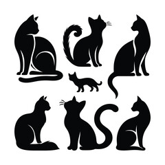 Cat silhouette vector set icon clipart illustration & drawing black & white