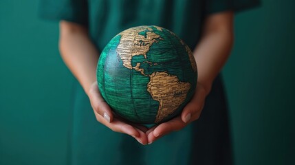 World Health Day concept. Hand holds earth globe on digital blue background.
