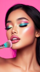 Rainbow Dreams Makeup: A close-up shot of a woman's face, featuring a vibrant rainbow eye makeup and shimmery blush. The model gazes softly, creating a mesmerizing and ethereal aura. © mashimara