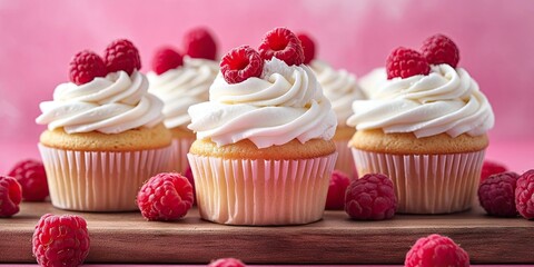 Delicious cupcakes with white cream and raspberry toppings arranged on a wooden board with scattered raspberries against a pink background.