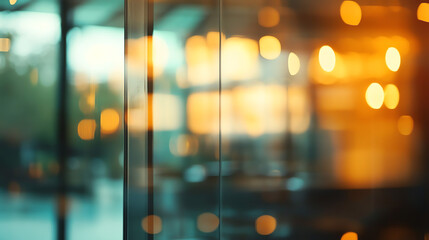 Abstract blurred background of a modern cafe with warm light bokeh reflection on glass surface