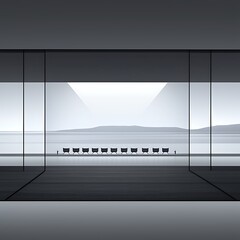 Minimalist landscape viewed through a large window.