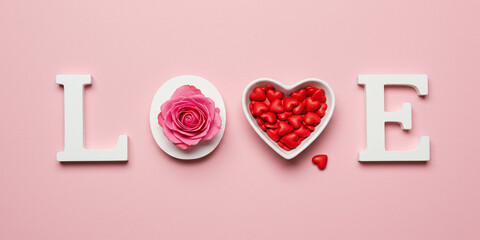 Love Letters with Pink Rose and Red Heart Candies

