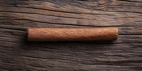 Cinnamon stick resting on textured dark wooden surface highlighted by natural shadows showcasing rich brown tones and rustic elegance