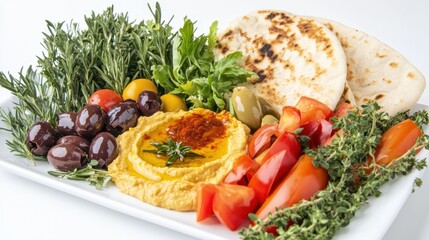 Mediterranean Hummus Platter: A vibrant and healthy Mediterranean-inspired platter featuring creamy hummus, Kalamata olives, roasted red peppers, pita bread, and fresh herbs.