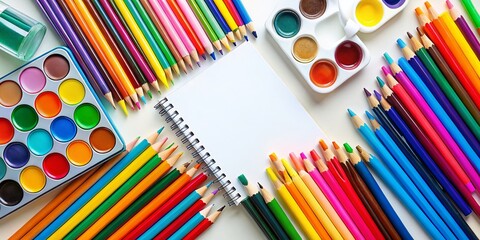 Naklejka premium Back to School: Art Supplies Flat Lay, Top View, White Background