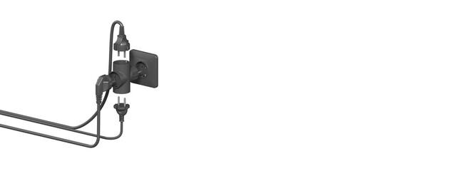 Operation of electrical tee in outlet involves connecting electrical plugs to the tee, allowing multiple devices to be powered from a single outlet. Transparent background. Copy space. 3d illustration
