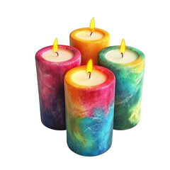 Four colorful tie dye candles burning brightly home decor