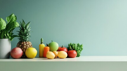 Still Life with Various Fruits and Vegetables on a Tabletop against Light Green Background