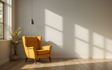 living room interior features a yellow armchair against a white wall