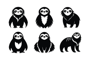 Three-Toed Sloth (Bradypus tridactylus) mammal animal, labeled silhouette vector art illustration.