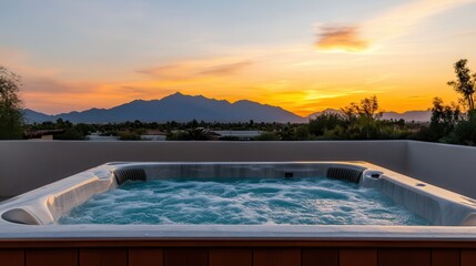 Hydrotherapy for beauty and wellness at the spa Relaxing hot tub with sunset and mountains in the background.