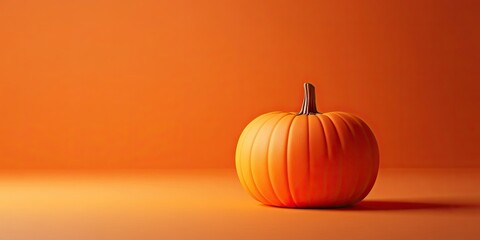 Single vibrant orange pumpkin on a solid orange backdrop with soft shadows on a smooth surface creating a warm autumn aesthetic.