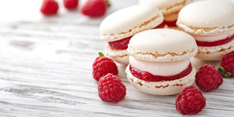 Delicious white macarons filled with raspberry cream placed on a rustic wooden surface with fresh raspberries scattered around them.