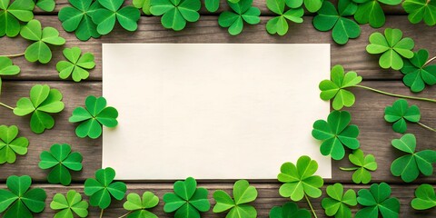 Blank paper card surrounded by vibrant green shamrock leaves on a rustic wooden surface. Perfect for St. Patrick's Day invitations or greeting cards.