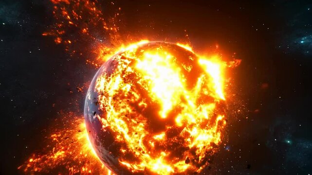 An earth exploding, with fiery explosions and debris in space.