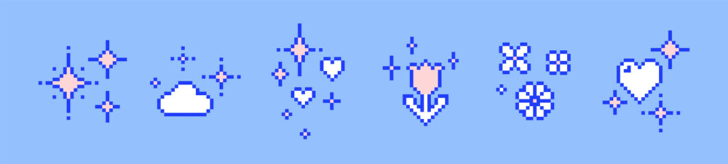 Obraz premium Pixel art set of star, heart, flower, cloud. Y2k cute spring icons. Mood of 90s aesthetics. 8 bit retro style editable vector illustration. Simple geometric shape for pattern. Game abstract elements