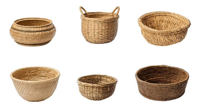 Set of handwoven baskets isolated on transparent background