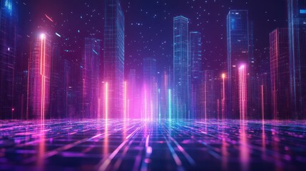 Futuristic cityscape shimmers with vibrant neon lights and digital energy