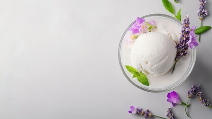 Lavender Ice Cream: A single scoop of creamy vanilla ice cream, adorned with delicate lavender flowers and fresh mint leaves, sits in a clear glass bowl, ready for a taste of summery indulgence. 