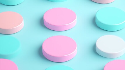 Colorful Round Discs on a Soft Blue Background, Playful Composition with Pastel Pink and Aqua Tones