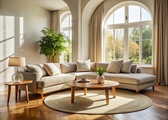 Beige Living Room Interior: Curved Sofa, Wooden Coffee Table, Natural Light