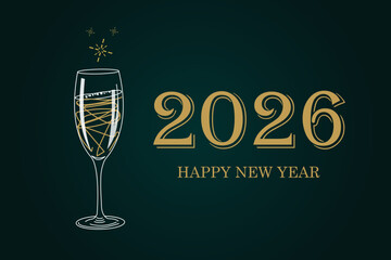 A minimalist design celebrating the New Year, featuring a glass of champagne with sparkling bubbles and a stylized 