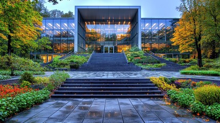 Autumnal corporate campus entrance, landscaped grounds, serene background