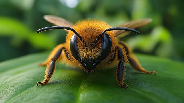 Close-up of a fuzzy bee on a leaf. (1)