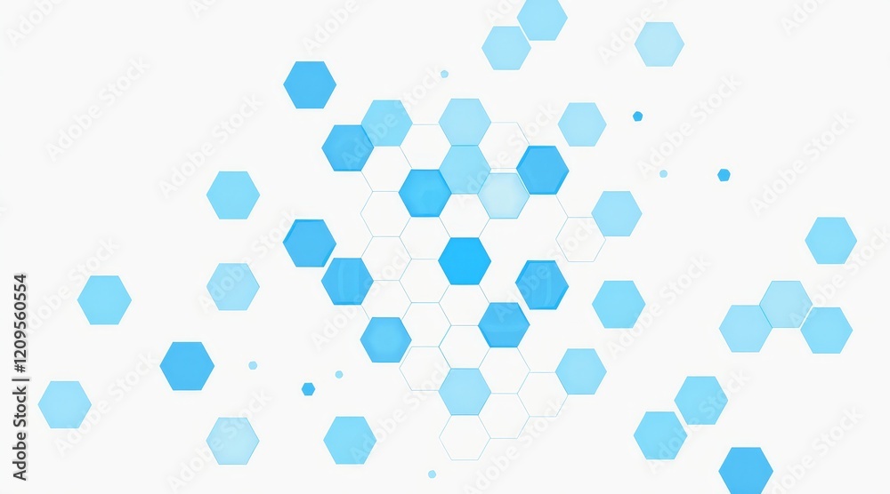 Fototapete Abstract blue hexagonal pattern on white background with scattered geometric shapes and minimalistic design