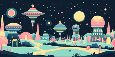 Fototapeta premium Alien Cityscape Underneath A Starry Night Sky