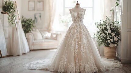 Fototapeta premium luxury wedding dress in bridal room background. Front view of stylish dress for wedding day. Beautiful clothes for bride. wedding concept. Copy Space