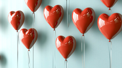 A charming arrangement of glossy red, heart-shaped balloons floating against a textured soft blue background, creating a modern and romantic Valentine's Day atmosphere.