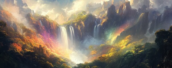 Fototapeta premium A waterfall cascading down a lush mountainside, its mist creating a rainbow of colors, symbolizing tranquility, rebirth, and the constant flow of life.