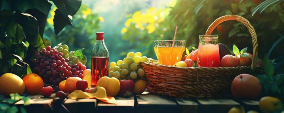 Picnic basket with fresh fruits and drinks, rustic summer vibe.