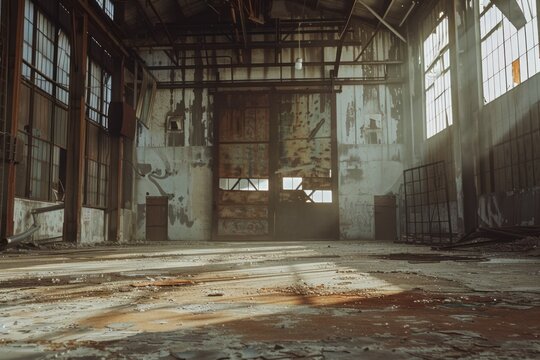 Dark rusted industrial interior of an old hangar building. High quality photo
