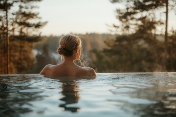 Fototapeta premium Hydrotherapy for beauty and wellness at the spa Serene woman relaxing in an infinity pool surrounded by nature.