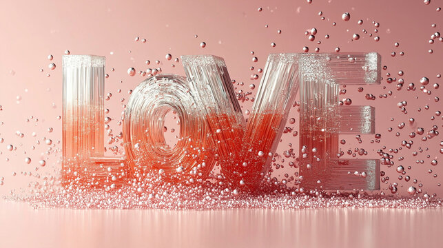The word LOVE is crafted in translucent 3D typography, with a gradient pink tone and surrounded by shimmering bubbles, creating a delicate and romantic Valentine’s Day atmosphere.