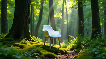 A pristine white chair placed in the middle of a dense forest.