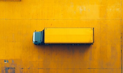 Truck on yellow surface, aerial perspective, geometric elements.