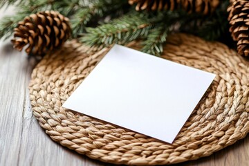 Obraz premium Empty White Paper on Natural Background with Pine Cones and Greenery