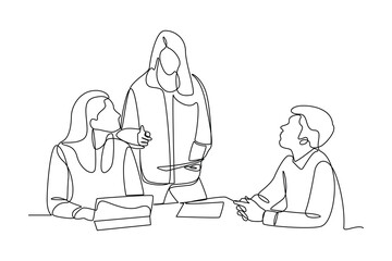 simple continuous line draw of business team discussing together. Business team work minimalist concept.